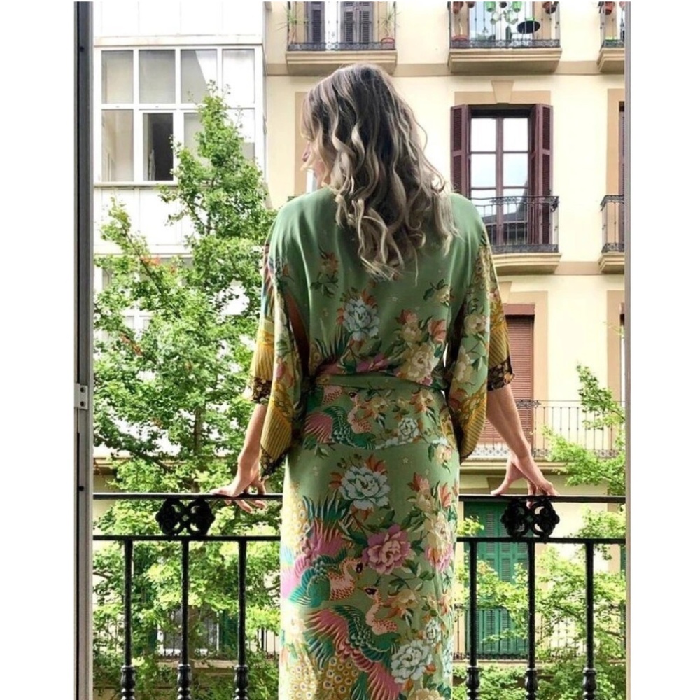 Boho Green floral print belt long boho kimono Cover up - Picture 5 of 11